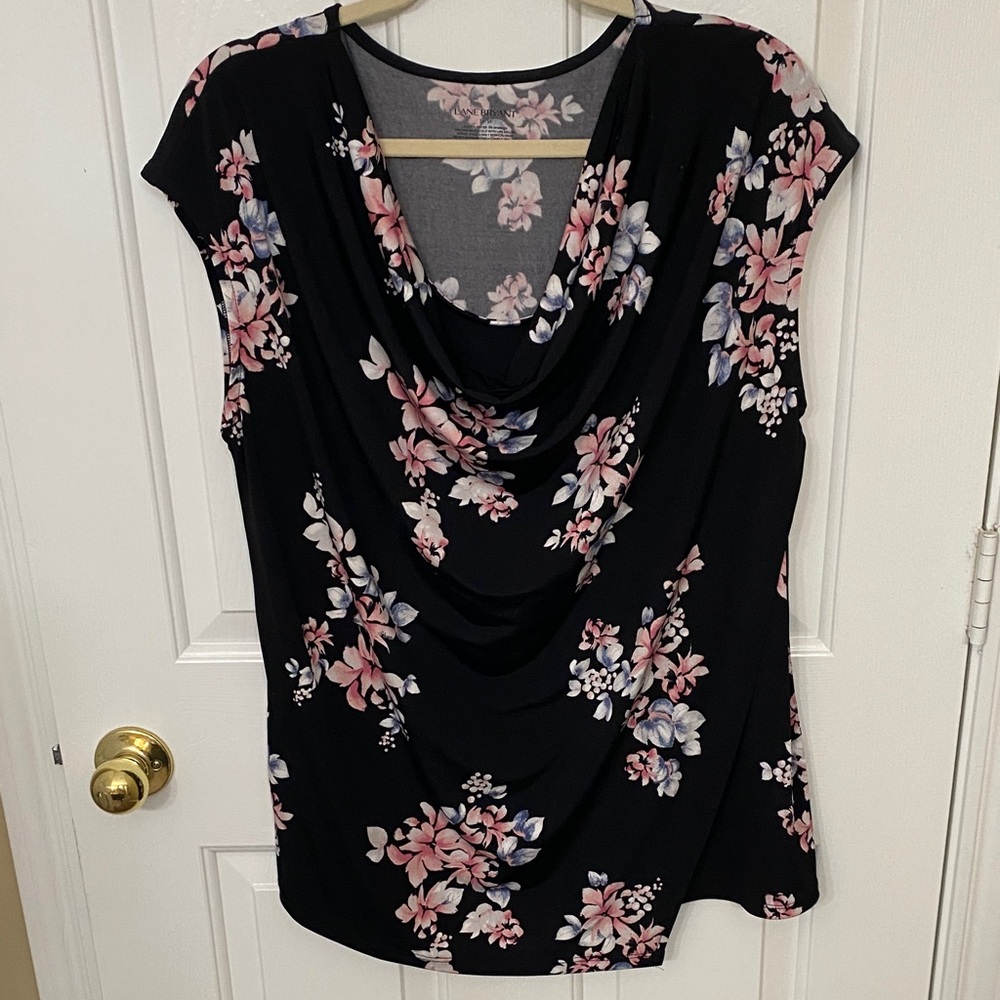 Lane Bryant Black and Pink Floral Top with draped neck